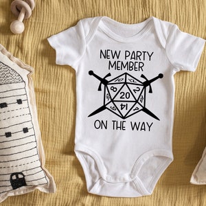 New Party Member On The Way Baby Bodysuit, Baby Announcement, Pregnancy Announcement, Coming Soon, Custom Bodysuit, D&D, dice, Fast Ship