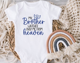 My Brother Watches Over Me From Heaven Baby Bodysuit, In Memory Of, Custom Baby Shower Gift, Brother In Heaven, Guardian Angel, Sentimental