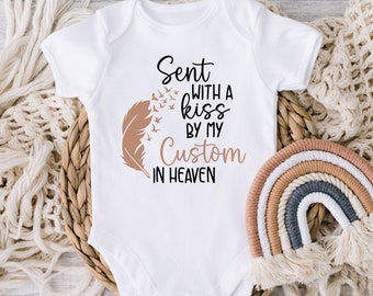 Sent With A Kiss By My Custom In Heaven Baby Bodysuit, Custom, Baby Shower Gift, Guardian Angel, Personalized Baby Bodysuit, Feather, Birds