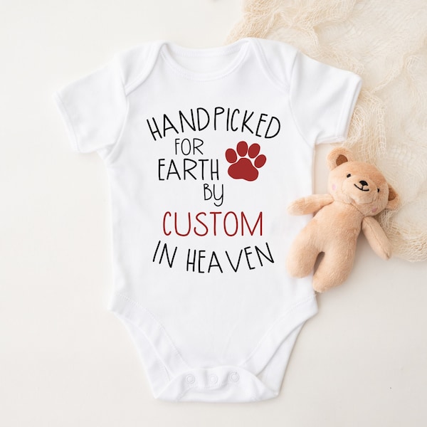 Handpicked for Earth By Custom Name In Heaven Baby Bodysuit, Guardian Angel, Custom Baby Shower Gift, Personalized, Paw, Dog, Cat, Pet