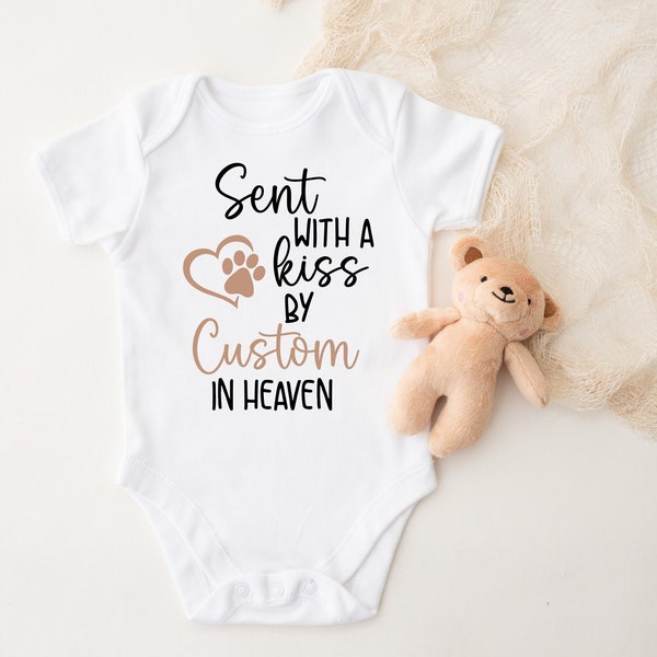 Sent With A Kiss By Custom Name In Heaven Baby Bodysuit, Guardian Angel, Custom Baby Shower Gift, Personalized, Paw, Dog, Cat, Pet In Heaven