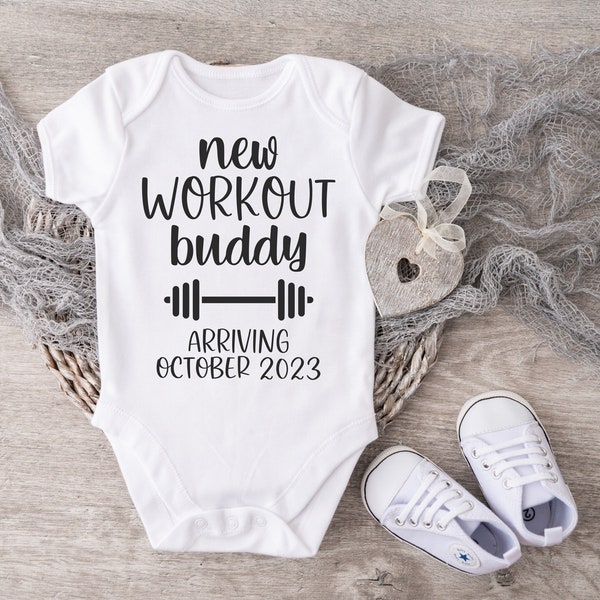 New Workout Buddy Announcement, Baby Bodysuit, Pregnancy Reveal, Pregnancy Announcement, Announcement Photo, Due Date Coming Soon, Gym Buddy