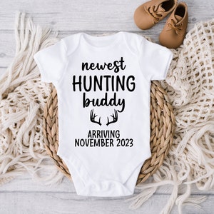 Hunting Buddy Announcement, Baby Bodysuit, Pregnancy Reveal, Pregnancy Announcement, Announcement Photo, Baby Due Date, Coming Soon, Hunt image 1