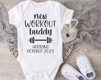 New Workout Buddy Announcement, Baby Bodysuit, Pregnancy Reveal, Pregnancy Announcement, Announcement Photo, Due Date Coming Soon, Gym Buddy