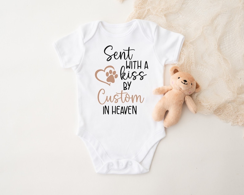 Sent With A Kiss By Custom Name In Heaven Baby Bodysuit, Guardian Angel, Custom Baby Shower Gift, Personalized, Paw, Dog, Cat, Pet In Heaven image 1