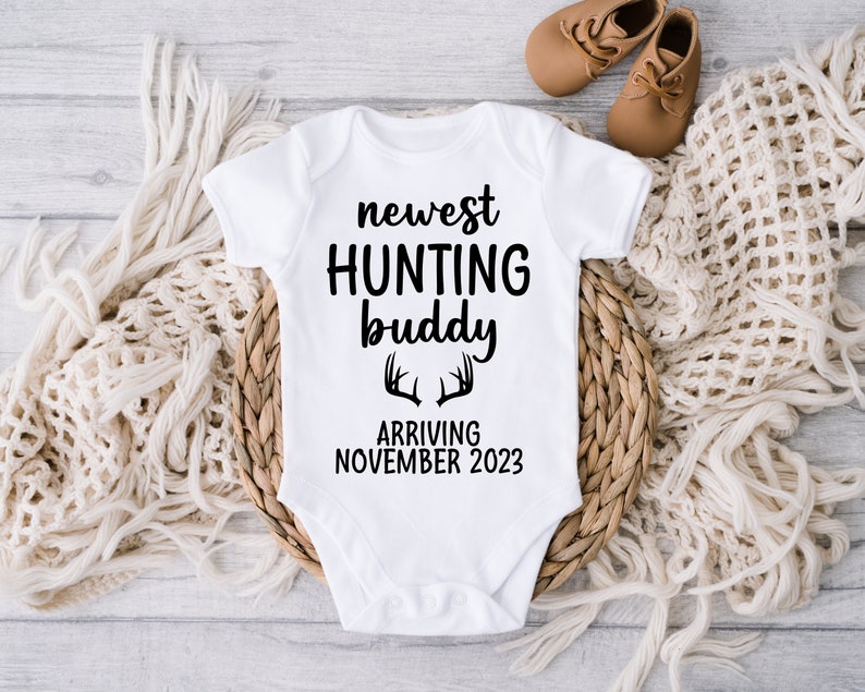 Hunting Buddy Announcement, Baby Bodysuit, Pregnancy Reveal, Pregnancy Announcement, Announcement Photo, Baby Due Date, Coming Soon, Hunt image 1