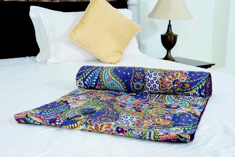 Stylish Cotton Hand Printed Kantha Quilt Bedspread Kantha Throw Kantha Bed Cover Queen Size Blanket floral pattern Bedspread Kantha Throw