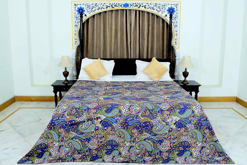Stylish Cotton Hand Printed Kantha Quilt Bedspread Kantha Throw Kantha Bed Cover Queen Size Blanket floral pattern Bedspread Kantha Throw