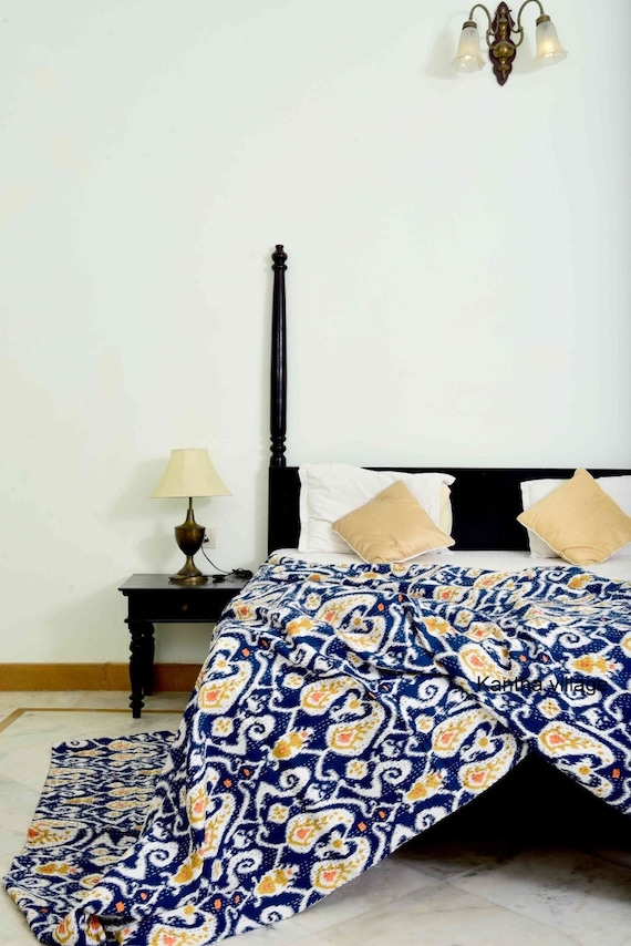 Handmade Kantha Quilt Blue Ikat kantha bed cover throw Indian Bedspread King Siz