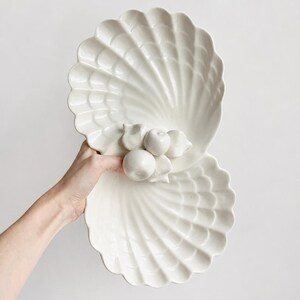 Vintage Wade of California White Ceramic Shell Serving Tray, Mid Century Pottery Apple Platter