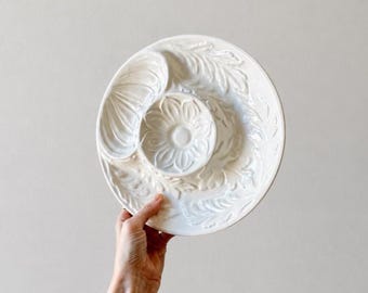 Vintage 1975 Whittier California Pottery Artichoke Plate #132, White Divided Appetizer Serving Dish, Majolica Style