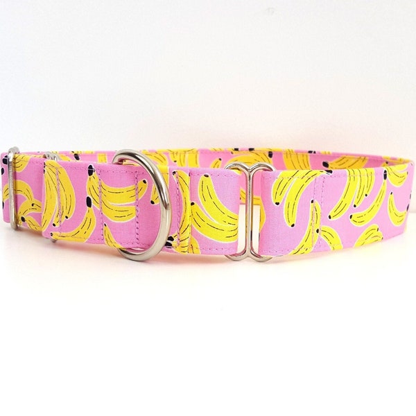 Martingale Dog Collar Going Bananas Pink and Yellow Food Print Size XS-XL Adjustable 3/4", 1", 1.5 inch or 2 inch wide pink bananas collar