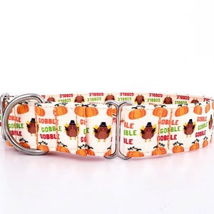 Thanksgiving Martingale Dog Collar: Turkey & Pumpkin Print, Adjustable Sizes