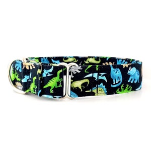 Dinosaurs Martingale Dog Collar Scattered Dinos on Black  - Size XS-XL- Adjustable - 1 inch, 1.5 inch or 2 inch width