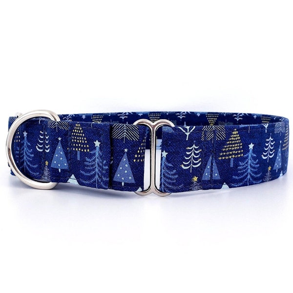 Martingale Collar Christmas Trees Blue and Gold , Size XS - XL,  1" 1.5" and 2"wide Dog Collar Christmas Martingale Holiday Winter Forest