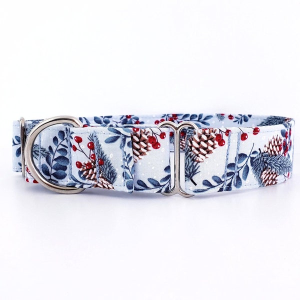 Martingale Dog Collar Winterberry and Snowy Cones, Size XS - XL - 3/4", 1" 1.5" and 2 inch wide Winter Wonderland Collar Berry Cones