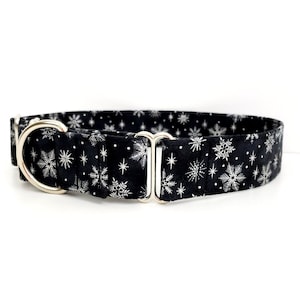 Christmas Martingale Dog Collar Sparkling Silver Snowflakes on Black - Size XS - XL - 3/4&quot;, 1&quot; 1.5&quot; and 2 inch wide Holiday Collar Snowflake