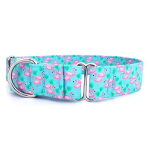 Martingale Dog Collar Pink Flamingos on Turquoise Aqua - Size XS-XL- Adjustable - 3/4", 1 inch, 1.5 inch or 2 inch width Fun Summer Collar