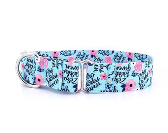 Martingale Dog Collar Zero Barks Given- Size XS-XL- Adjustable 1 inch, 1.5 inch & 2"  fun profanity collar, aqua blue flowers, swear collar