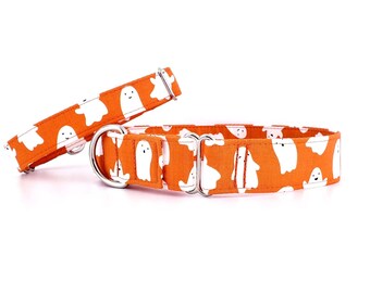 Halloween Martingale Dog Collar: Ghosts, Orange, adjustable sizes, choice of width
