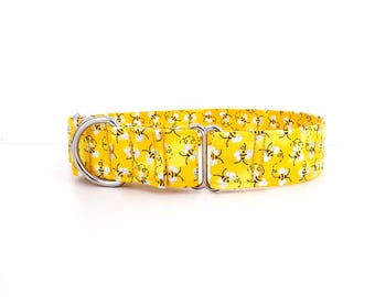 Honey Bees Martingale Dog Collar: Yellow Honeycomb, Silver Glitter