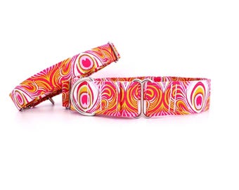 Vibrant Peacock Summer Martingale Dog Collar, orange and pink, escape proof, made to order
