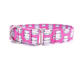 Martingale Dog Collar Hippo Pink Size XS-XL- Adjustable 1 inch, 1.5 inch or 2" wide Dog Collar Hippos Pink Hippopotamus