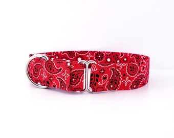 Martingale Dog Collar Red Bandana Paisley with hearts, Camping Collar Cowboy Cowgirl Collar size XS-XL Adjustable 1", 1.5 inch or 2" wide