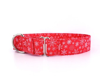 Christmas Martingale Dog Collar White Snowflakes on Candy Red, Size XS - XL, 3/4", 1" 1.5" and 2" wide  Collar Christmas Martingale Holiday