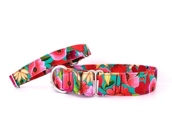 Martingale Dog Collar Wildflowers Red Green, Floral Dog Collar size XS-XL Adjustable 3/4", 1", 1.5 inch or 2" wide Dog Collar Pink Flowers