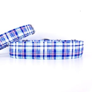 Coastal Plaid Martingale Dog Collar: Handmade Blue Cotton, Adjustable Size