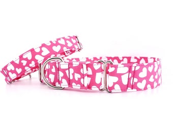 Valentines Martingale Dog Collar Classic Hot Pink Hearts size XS-XL Adjustable 3/4", 1", 1.5" and 2 inch wide