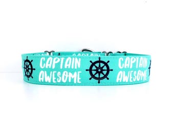 Summer Dog Collar CAPTAIN AWESOME, Large Sizes M to XL, Extra Wide, Handmade