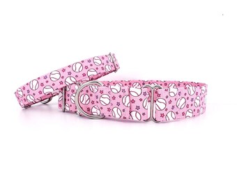 Martingale Dog Collar Pink Baseballs with Stripes and Stars, machine washable, adjustable