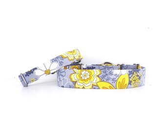 Vintage Retro Flower Print Dog Collar, Martingale Style, Floral Bohemian Gray and Yellow, Adjustable