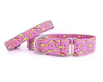 Martingale Dog Collar Scattered Cute Dinosaurs T Rex Yellow Orange On Hot Pink Size XS-XL- Adjustable - 3/4",  1 inch, 1.5 inch or 2" width