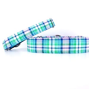 Spring Plaid Martingale Dog Collar: Adjustable Sizes XS to XL, Green Blue Cotton