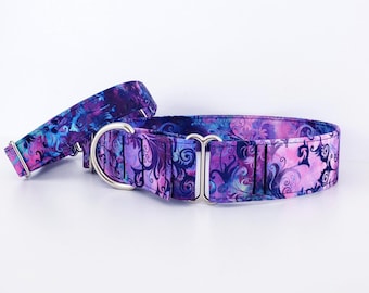 Martingale Kissed By Moonlight Purple Tie Dye Dog Collar - Size XS-XL- Adjustable - 3/4", 1 inch, 1.5" or 2" wide, Purple Blue Pink Batik