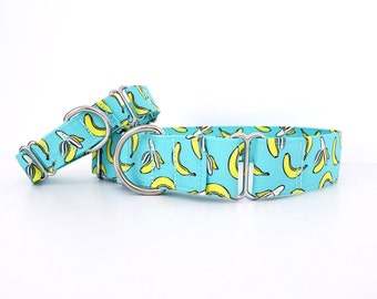 Martingale Dog Collar Bananas on Aqua Turquoise Fun Food Print,  Size XS-XL Adjustable 3/4", 1", 1.5 inch or 2" wide Fruit Collar Greyhound