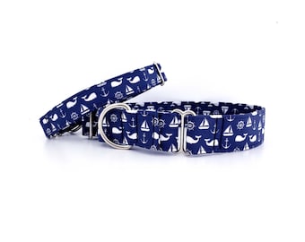 Nautical Pet Collar Whales, Sailboats, Anchors and Helms, Navy Blue, Martingale Style