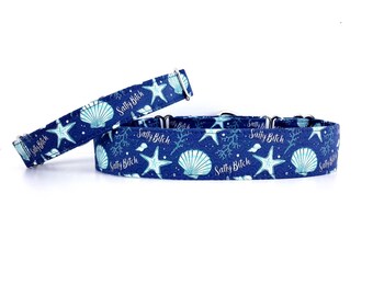 Martingale Dog Collar SALTY BITCH, handmade, Starfish and Seashells Blue Summer Collar