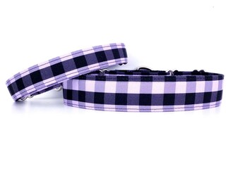 Handmade Lilac Buffalo Plaid Martingale Dog Collar, adjustable sizes, XS to XL