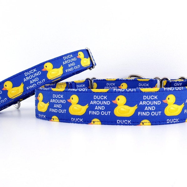 Martingale Dog Collar Duck Around And Find Out - Size XS-XL- Adjustable 1 inch, 1.5 inch and 2", Yellow Rubber Duck Collar, profanity collar