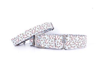 Baseballs Martingale Dog Collar Blue, Tossed With Little Stars, XS to XL available