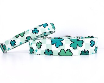 Martingale Dog Collar St Patricks Day Green Shamrocks on Plaid mint size XS - XL 1" 1.5" and 2" wide, Clover Dog Collar Martingale