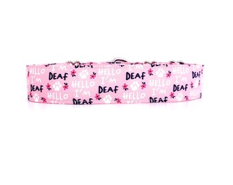 Hello, I am Deaf - Martingale Dog Collar, handmade, adjustable sizes XS to XL, Aqua