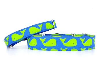 Martingale Dog Collar Whales, Royal Blue and Lime Green Summer Collar, adjustable XS to XL