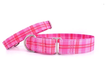 Martingale Dog Collar Pink and Red Plaid, Red Tartan Plaid size XS - XL adjustable 3/4", 1" 1.5" and 2 inch wide Valentines Day Dog Collar