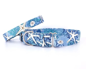 Summer Dog Collar Martingale Style, Ocean Vibes, Starfish and Corals, handmade