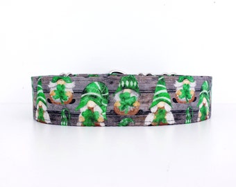 St Patricks Day Martingale Dog Collar Green Gnomes Timber Gnomies Holding Shamrock size XS - XL 1" 1.5" and 2 inch wide St. Patrick's Gnome